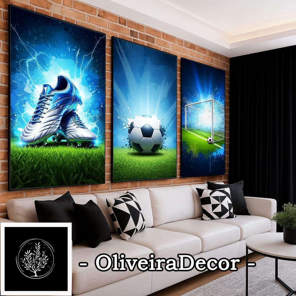 KIT QUADRO DECORATIVO ARTE FUTEBOL BOLA CHUTEIRA AZUL 3 PEÇAS DECORAR SALA QUARTO ESCRITORIO