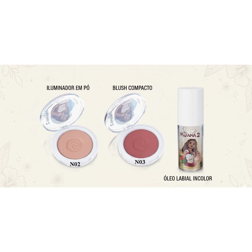 Kit Maquiagem Infantil e Juvenil Disney Moana By Fenzza Iluminador,  Blush & Lip Oil - Longa Duração