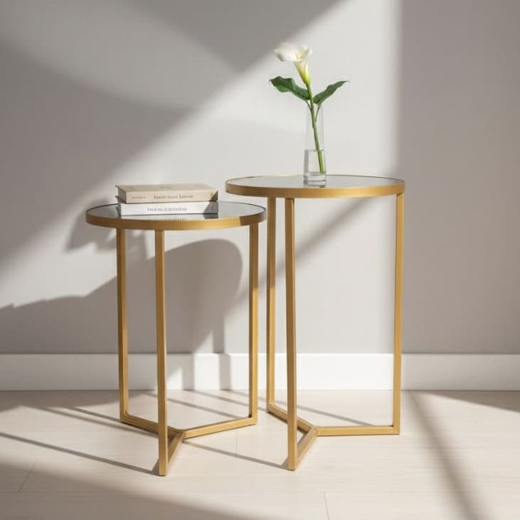 Conjunto de Mesa Lateral Aço Com Espelho Steel Glass Estilo Industrial Gr