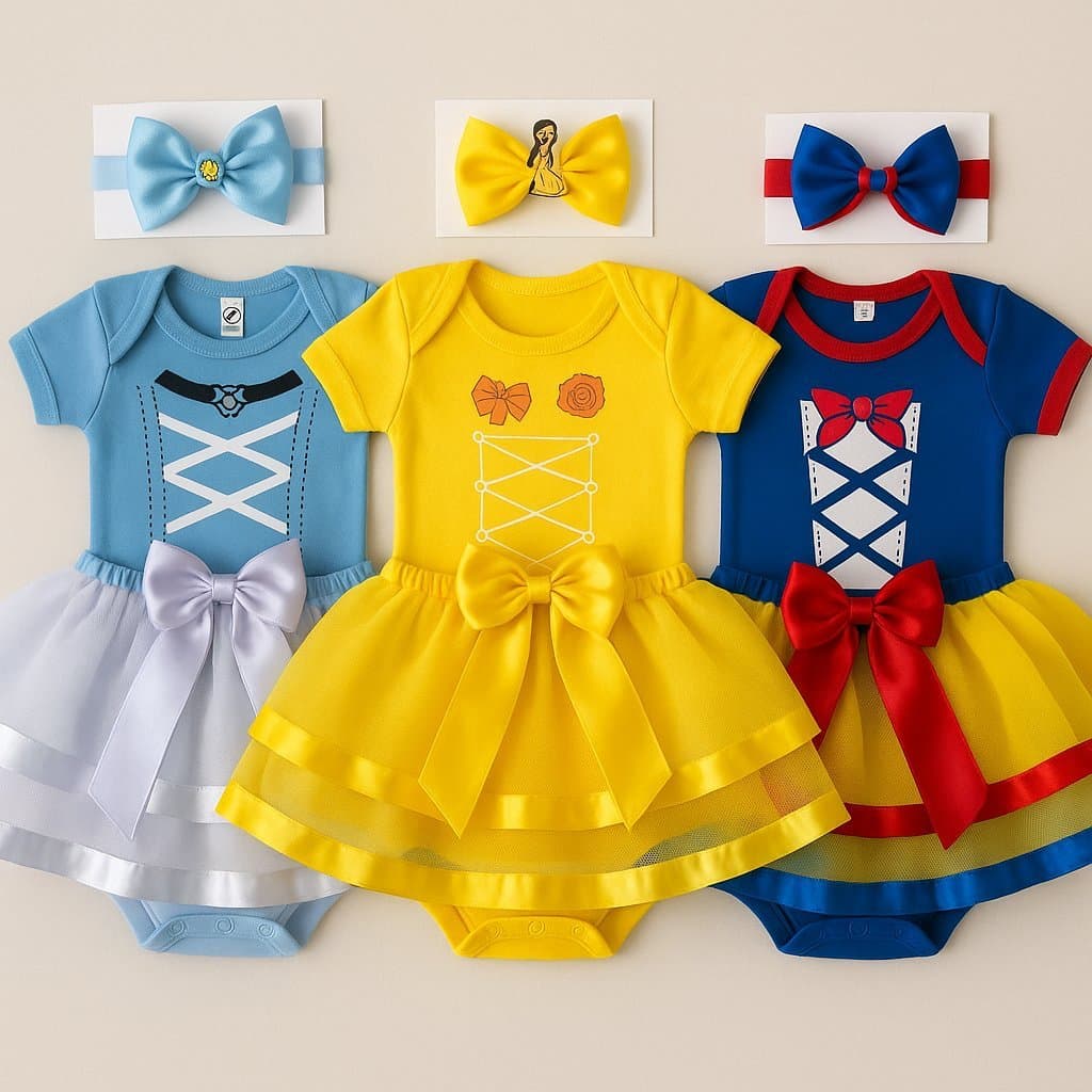 Kit Princesas Bebê Menina Body com Tule de Luxo e Laço Mesversário Tematico