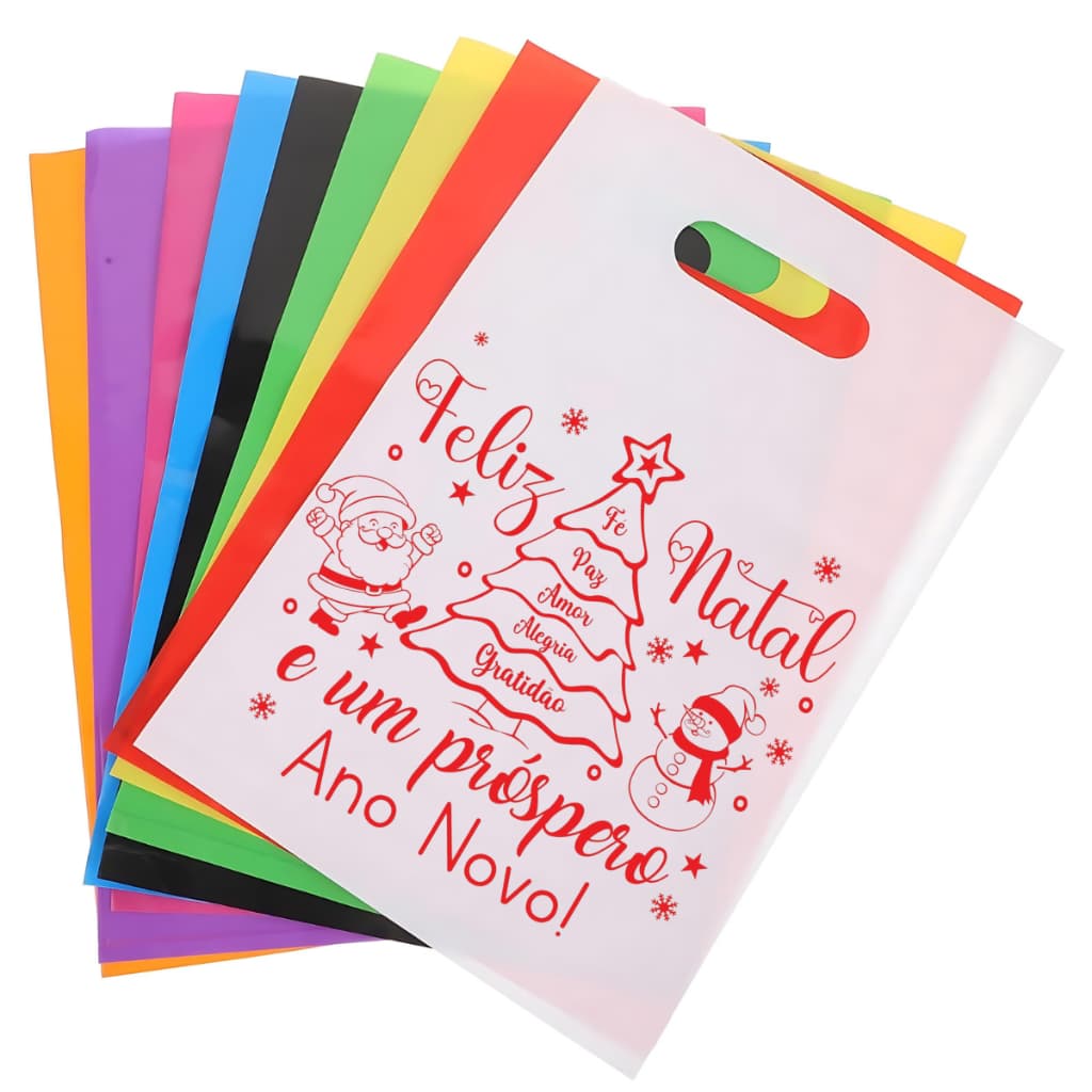 Kit 100 Sacolas Branca 30x40 Personalizadas Feliz Natal Modelo Boca de Palhaço