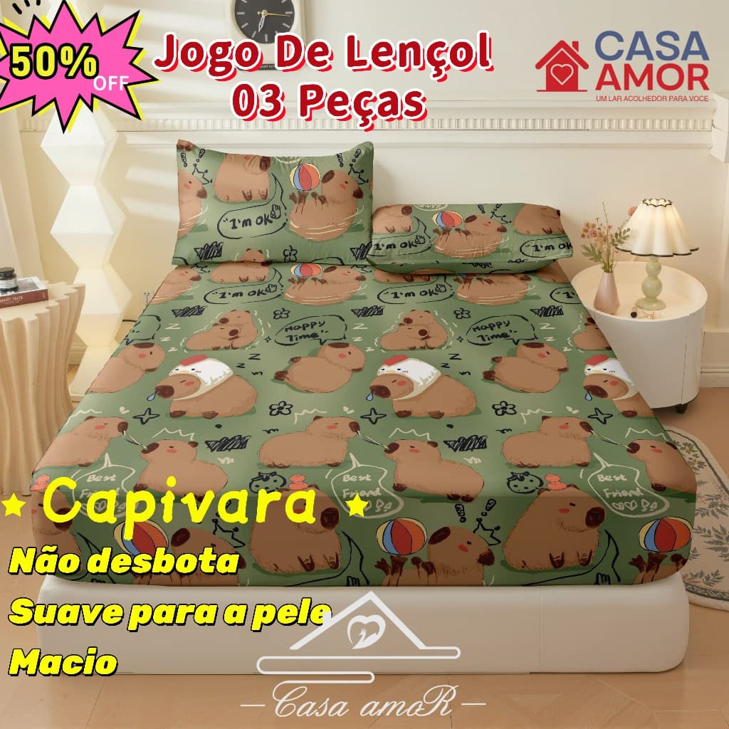 Jogo De Lençol Capivara 02 e 03 Peças SOLTEIRO/ CASAL/ QUEEN Percal Cor Não Desbota