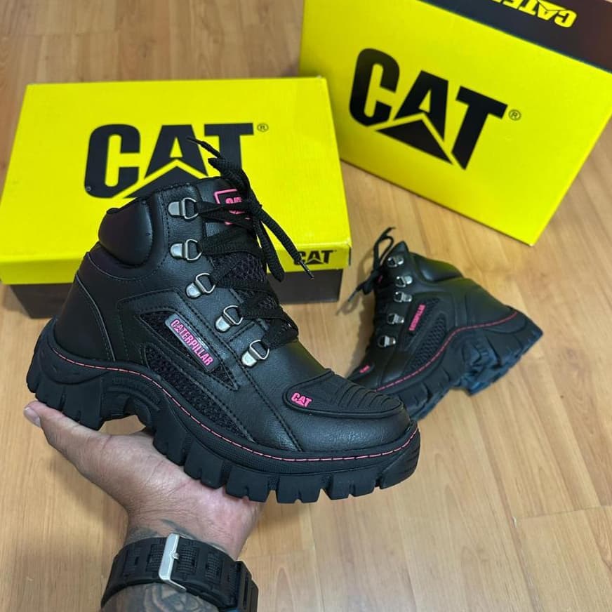 Bota Caterpillar Feminina Original Preta Rosa, Conforto e Sola Tratorada Antiderrapante