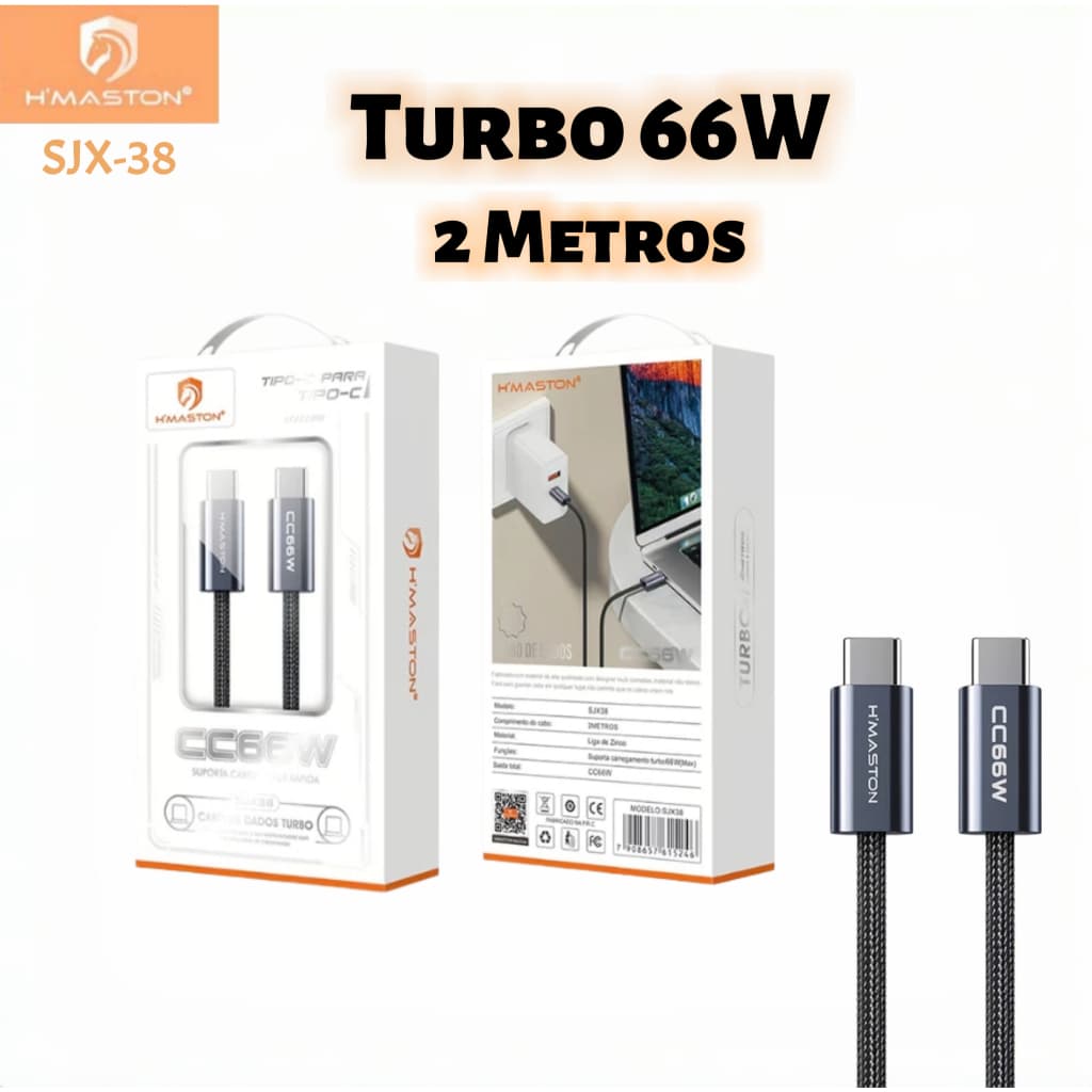Carregador Cabo de Dados Turbo 66W com 2 Metros Tipo-C para Tipo-C e Lightning Carga rápida H'maston