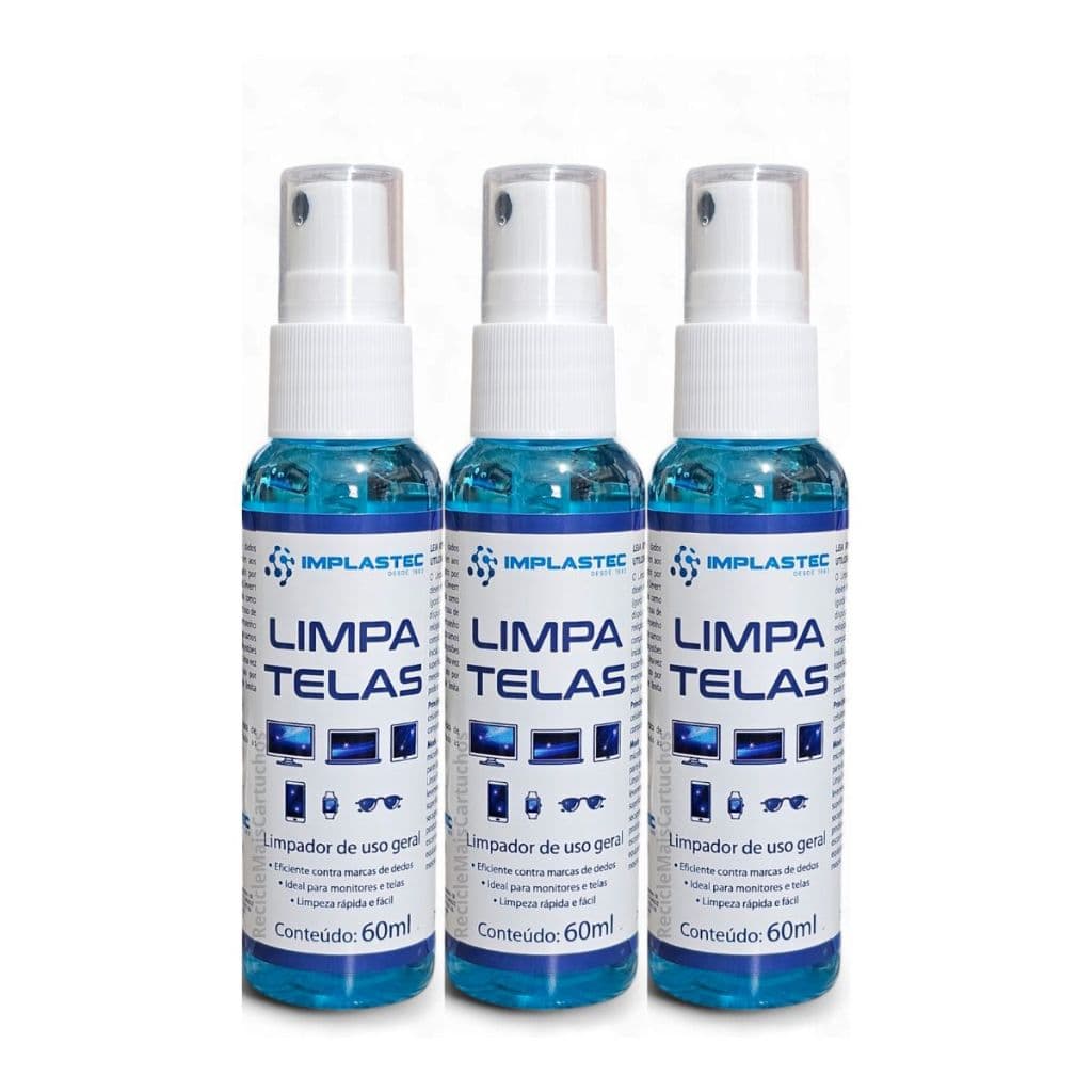 3 Limpa Telas 60ml iPod iPad Monitor Celular Removedor de Manchas Óculos Tablet Implastec