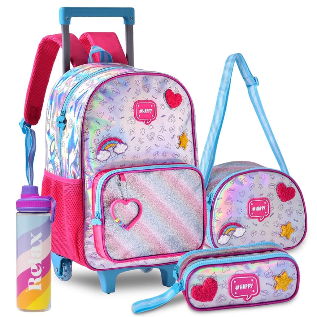 Kit Mochila Infantil Unicórnio Rodinhas Menina Escolar Holográfica Infantil Reforçada Resistente