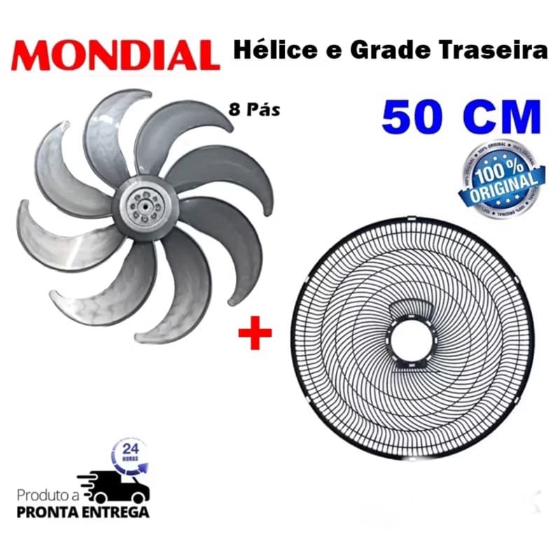 Hélice Mondial 50cms 8 pás + Grade Traseira Ventilador Mondial 50cms VT-50 VTX-50 VT-51 Vermelho Prata Original