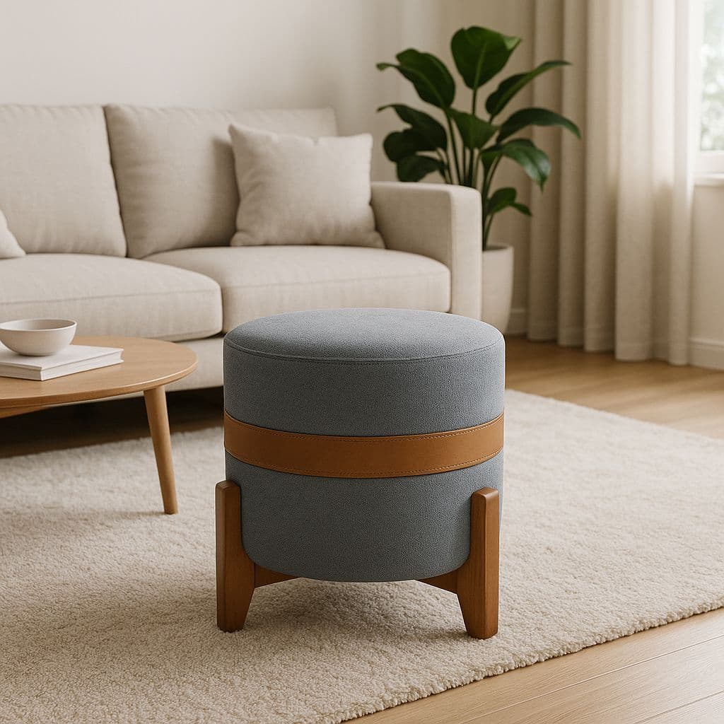 Puff Bouclé Decorativo com Pés de Madeira e Detalhe em Courino – Banqueta Estofada Moderna