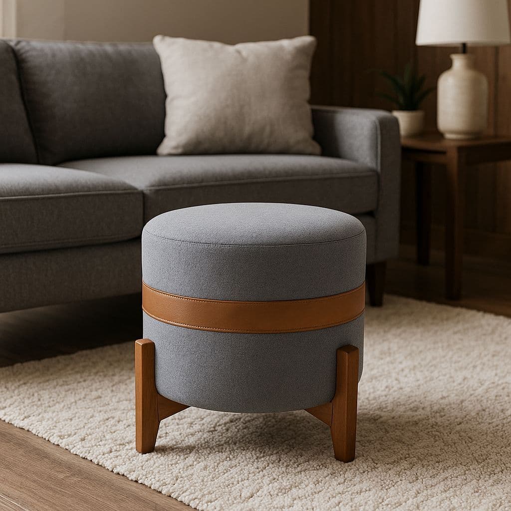 Puff Bouclé Redondo com Base de Madeira – Banquinho Estofado Moderno com Detalhe em Courino
