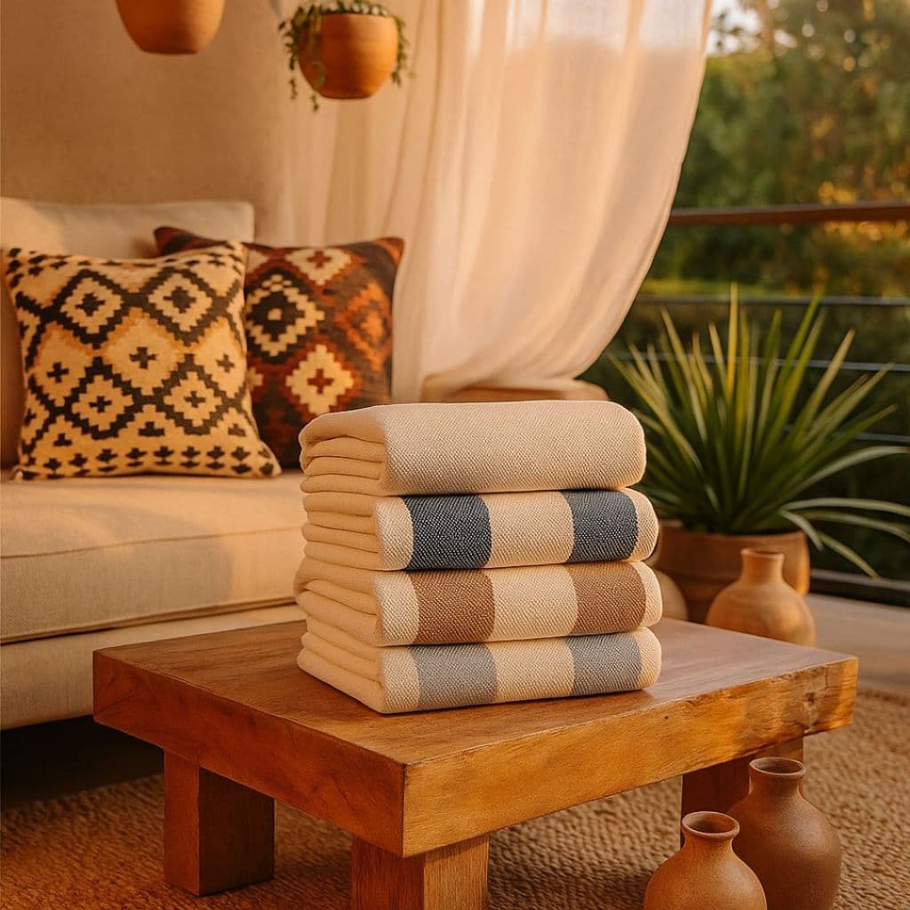 Manta Decorativa Grande Listrada Em Tons Terrosos Com Franjinhas, Ideal Para Ambientes Elegantes  2,40x1,80m