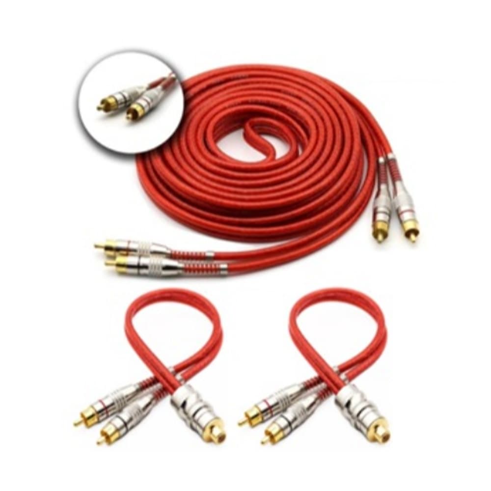 Kit Cabo Rca 5 Metros Blindado + 2 Cabos Rca Y 2m/1f Dupla Blindagem Conector Ouro Vermelho