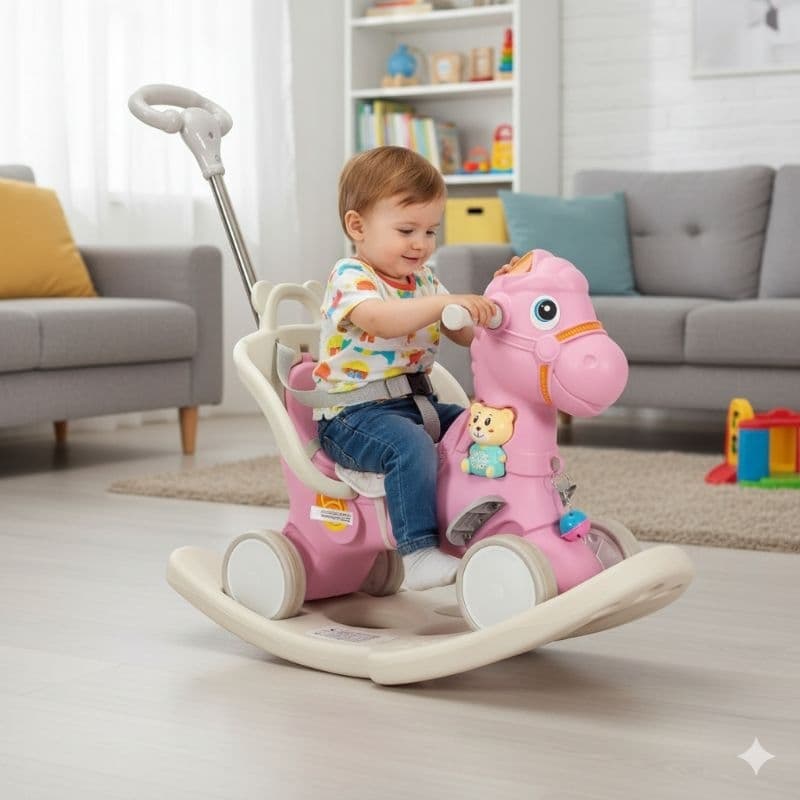 Cavalinho de Balanço e Passeio 2 em 1 com Empurrador Rosa | Cadeira Carrinho Bebê 1 Ano + | Segurança Inmetro