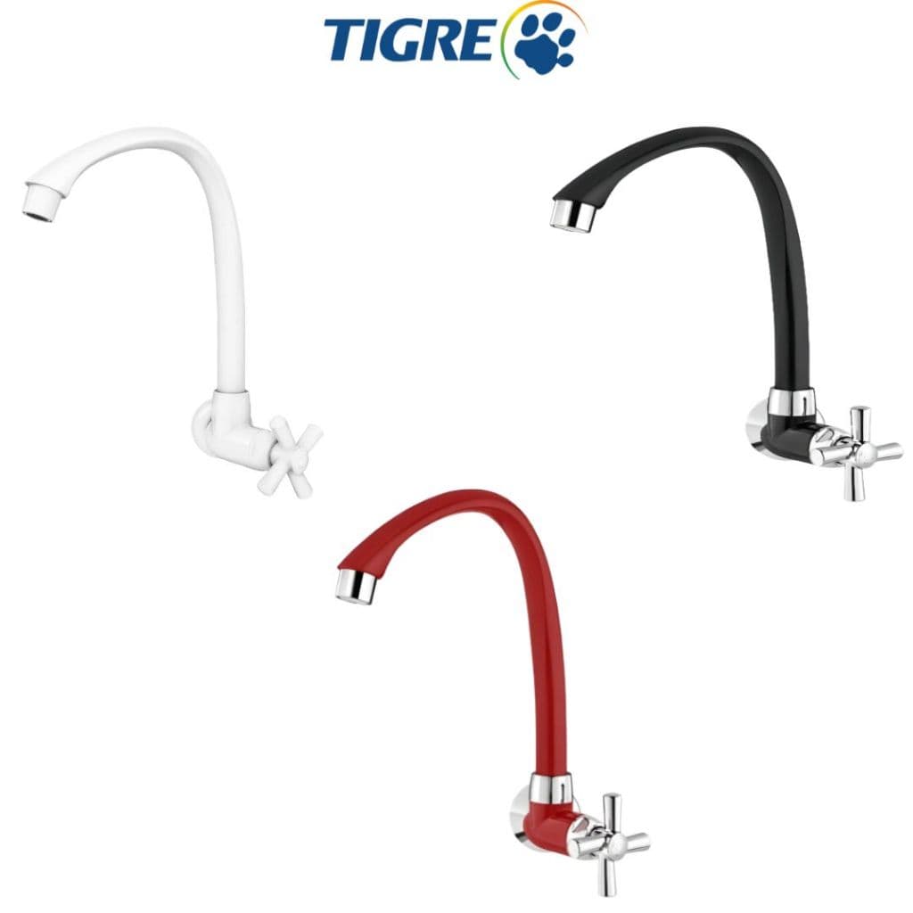 Torneira para Cozinha Parede PVC Bica Alta Móvel Cross 1/2 - 3/4 Branca, Vermelha ou Preta Tigre