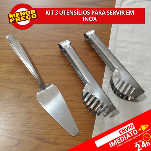 Kit 3 Utensílios para Servir em Inox Pá de Bolo Pegador de Massa Pegador Universal