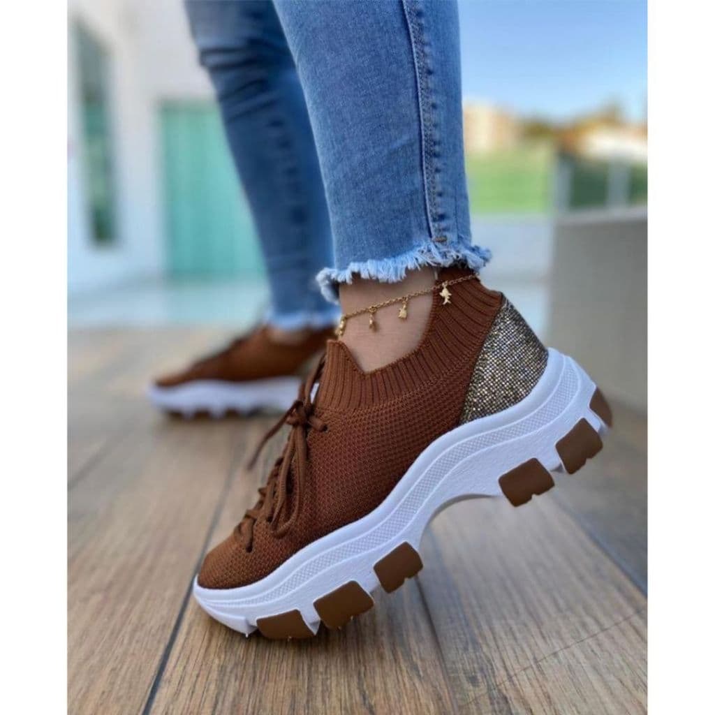 Tênis Feminino Meia Plataforma Confortável Com Cadarço