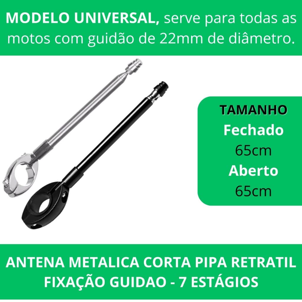 KIT 2 ANTENAS CROMADAS GUIDÃO CORTA PIPA PARA MOTOQUEIRO LINHA CEROL