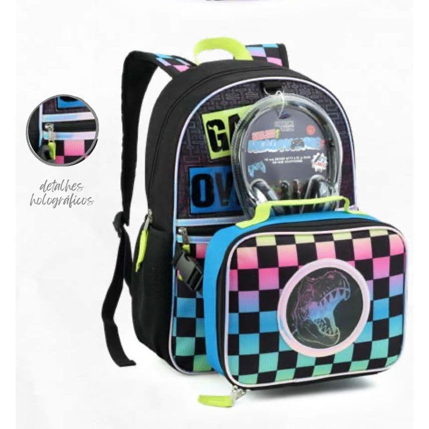 Mochila juvenil escolar com Lancheira, Estojo e Fone de Ouvido Holográfica e Super Completa