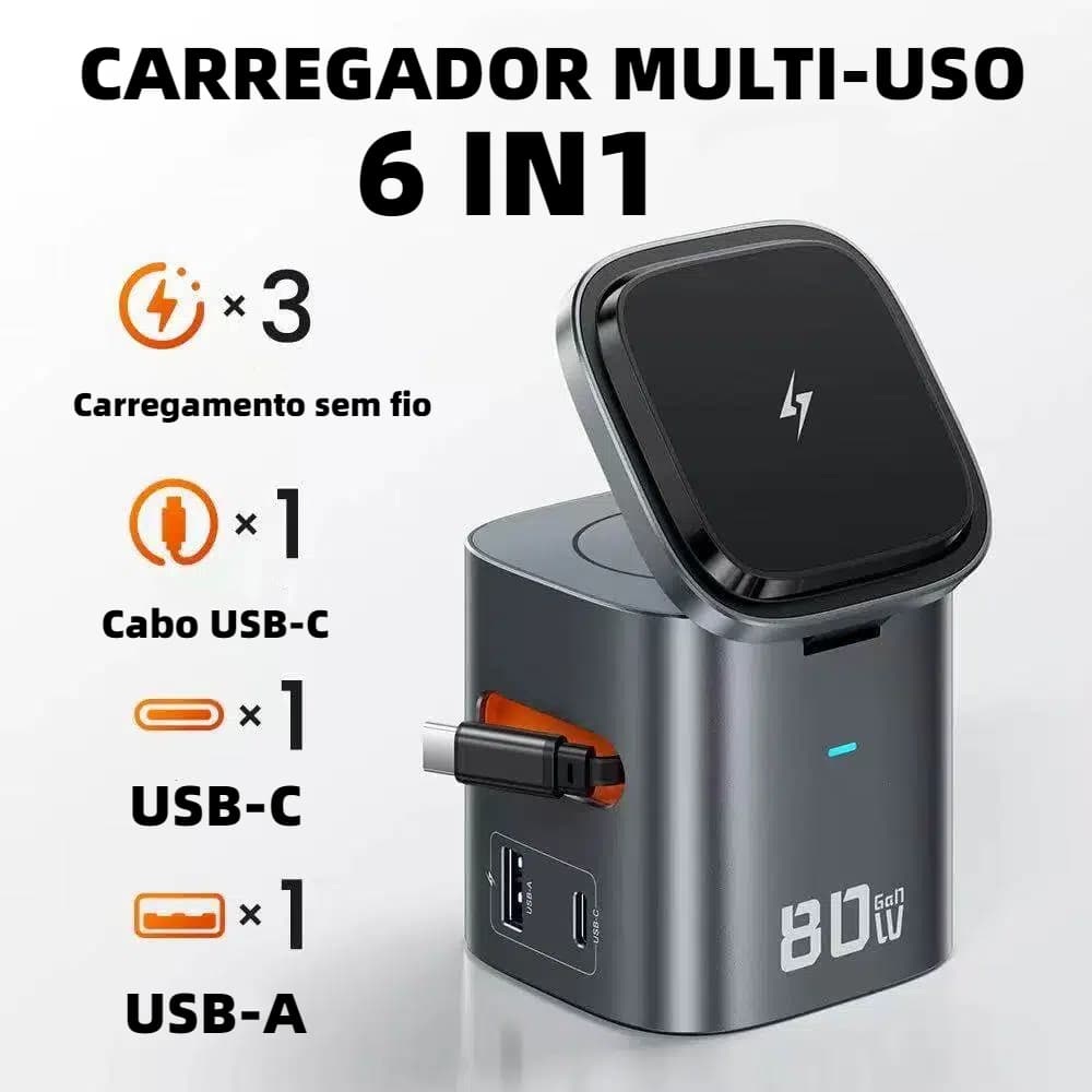 Carregador multi uso 6 em 1 Estação de carregamento magnética com cabo retrátil, carregamento super-rápido de 80 W N801