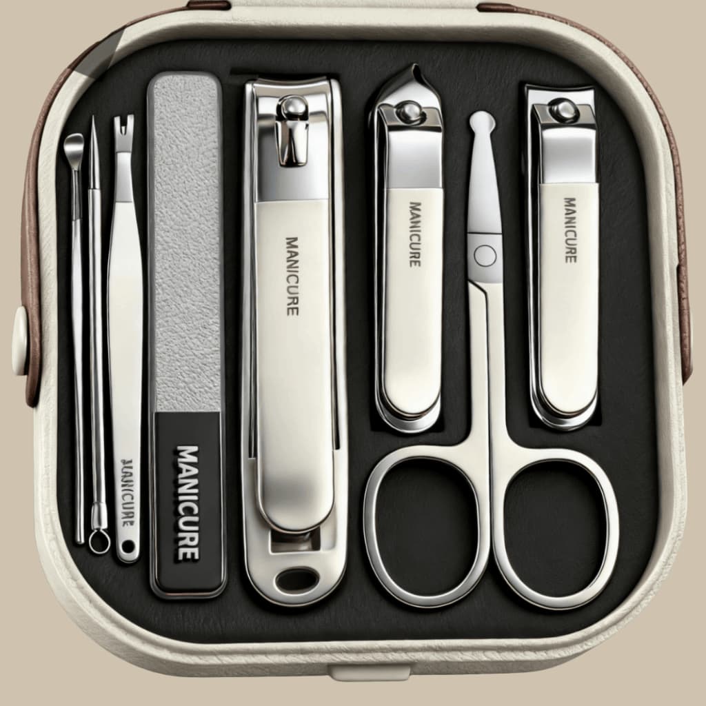 Kit Manicure 8 Peças Inox com Estojo Cortador de Unha Profissional Tesoura e Lixa Conjunto Portátil