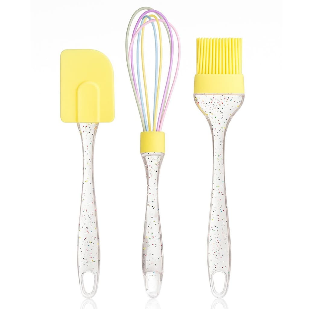 Kit Confeiteira 3 itens Jogo de Espatulas Fuet Batedor de Claras e Pincel De Cozinha Com Glitter