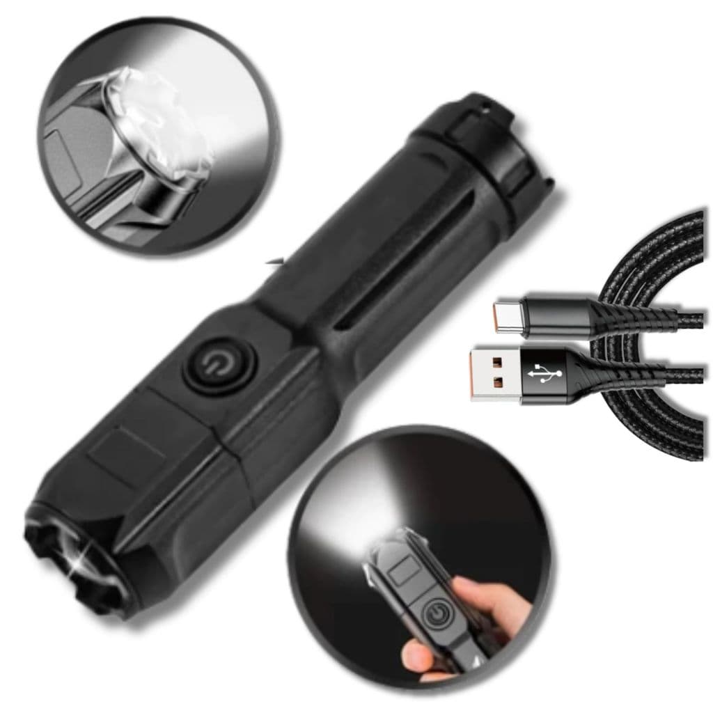 Lanterna Com Luz De Led de Alta Potência Recarregável Tática USB Com Zoom Direcional e Resistente Á Água