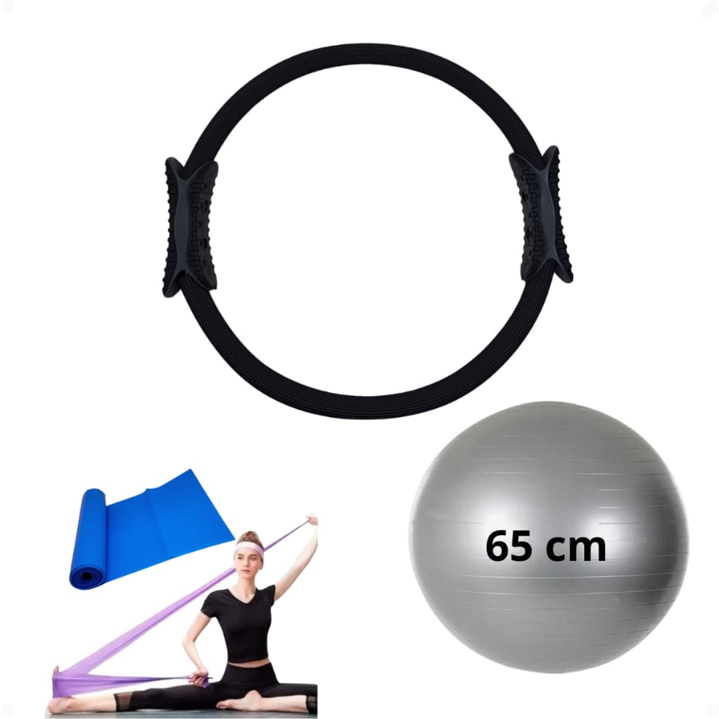 Bola Pilates 65 cm + Anel + Faixa Elástica Ginástica Suíça Fisioterapia Treino Band Yoga Funcional