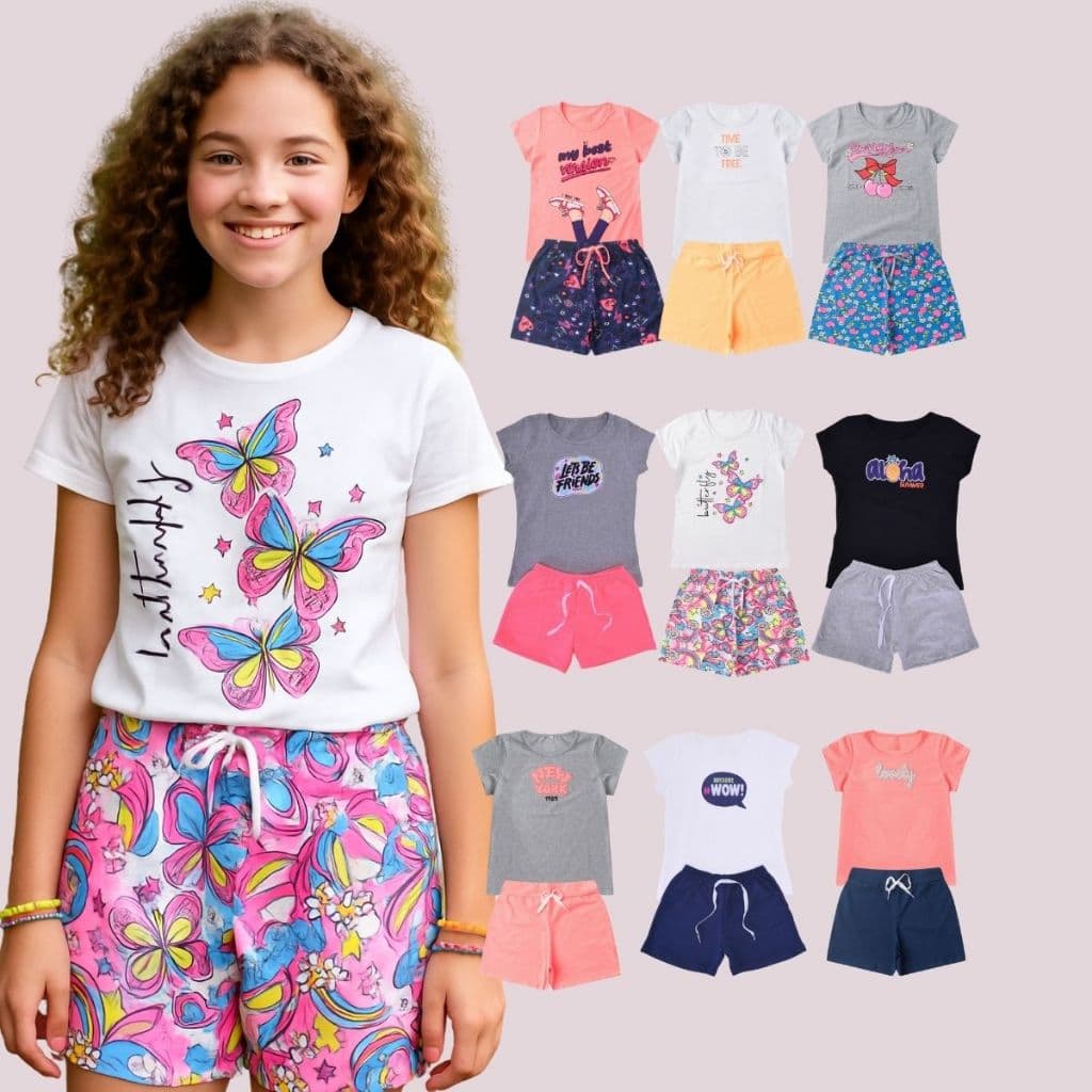 Kit Roupa Infantil Menina Juvenil Sortida Conjunto 4 Peças Feminina Estampada Verão Confortável
