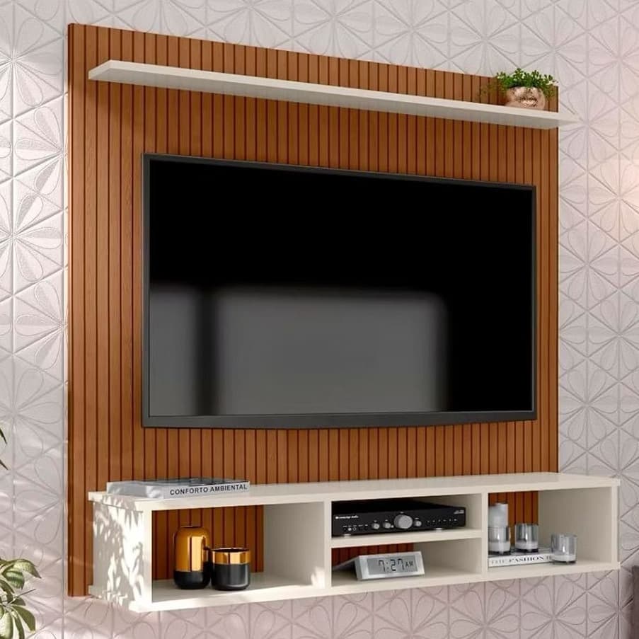 Home Painel de Tv Sala Quarto Suspenso Ripado até 50 Polegadas Nicho e Prateleira Evereste - Cores