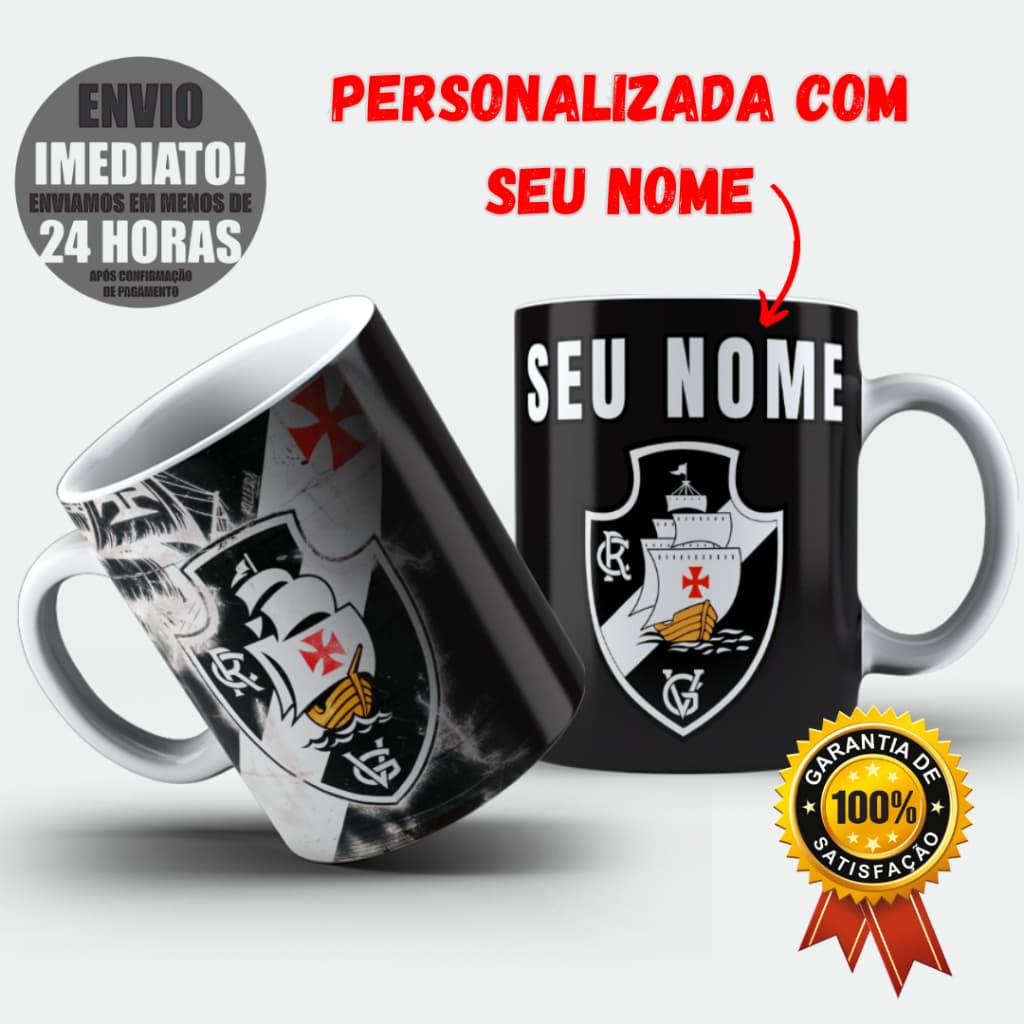 Caneca Xícara Personalizada COM NOME Vasco da Gama Time de Futebol Porcelana ou Plástico Polímero Envio Rápido 24h