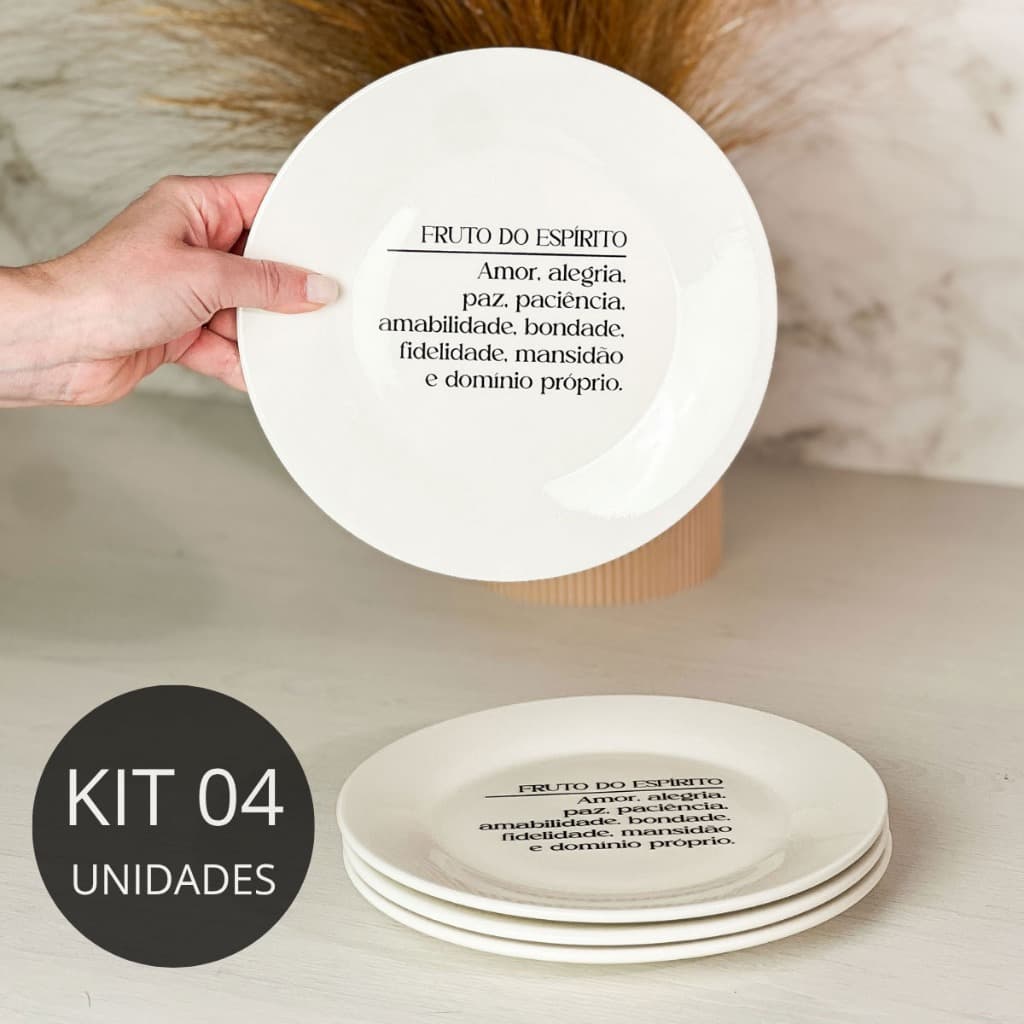 Kit 4 Pratos de Sobremesa com frase "Fruto do Espírito..."