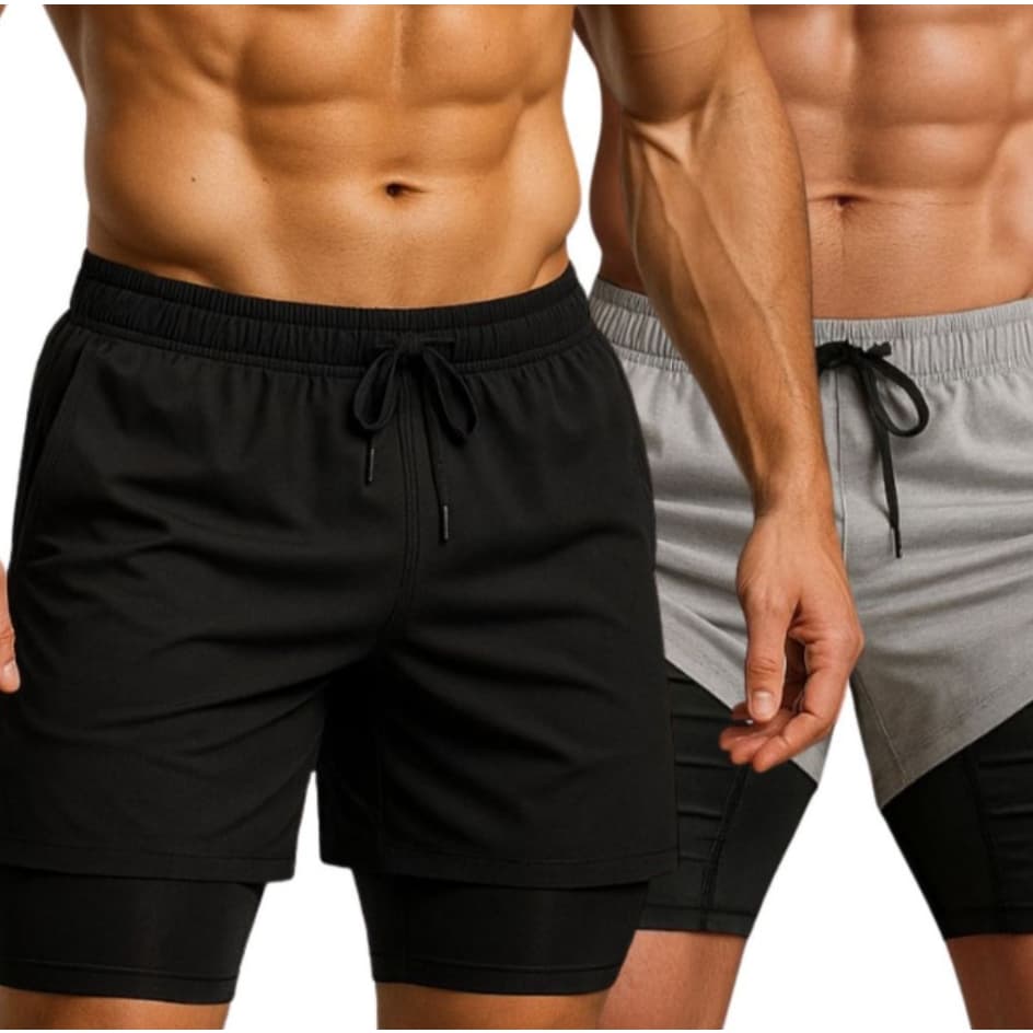 Shorts Masculino Kit 2 Bermuda 2 Em 1 Dry Fit Run Academia Fitness Esportiva Elanca Elastica