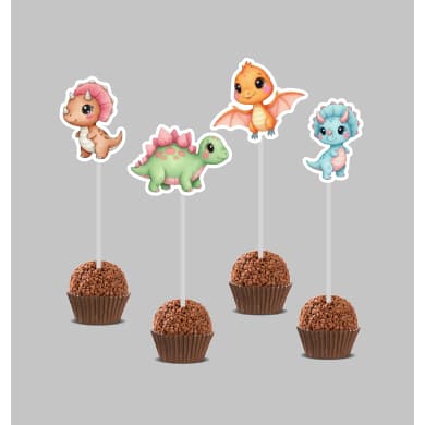 Kit 30 Topper para docinho Dinossauro Cute Rosa, topo para docinhos dinossauro, Festa de Dinossauro