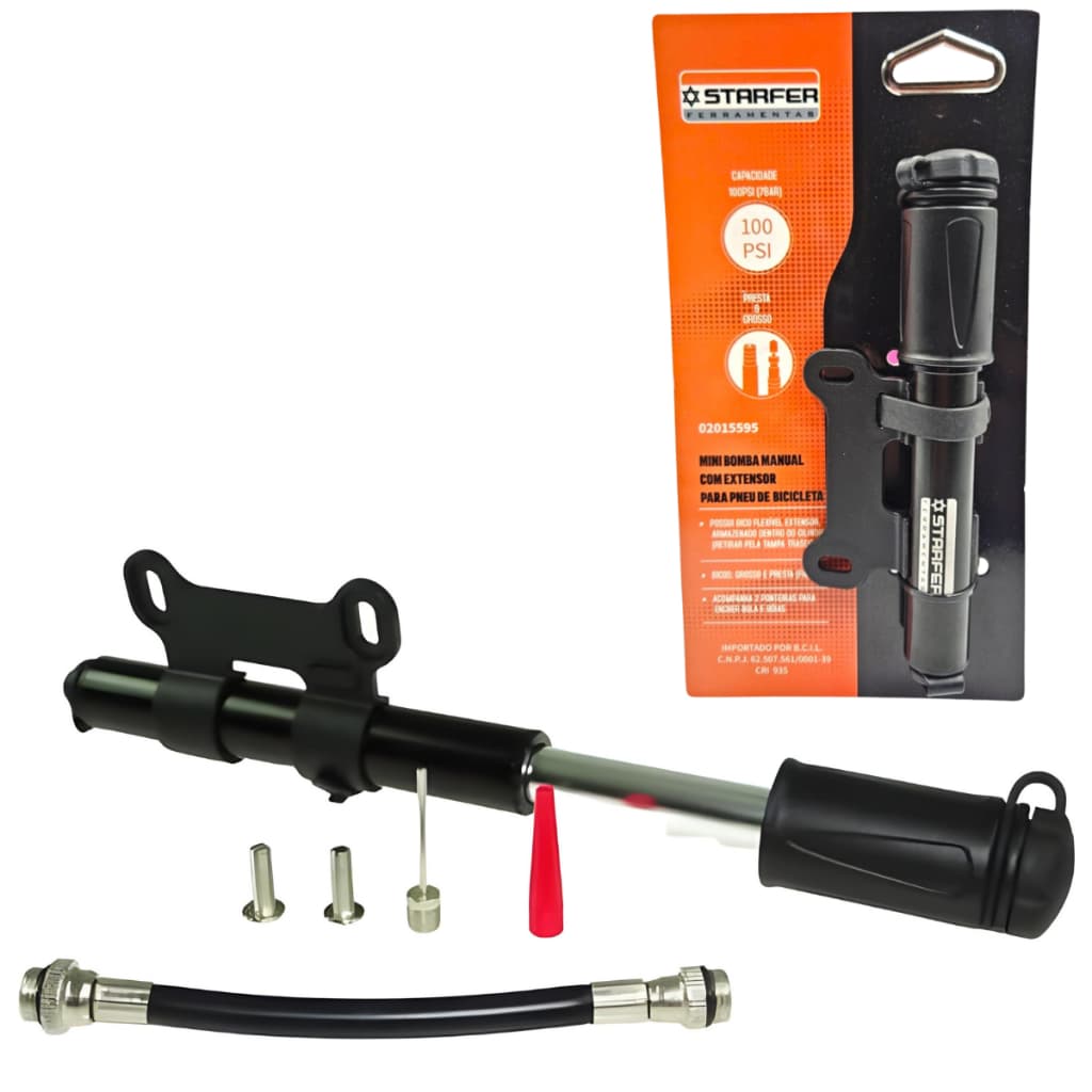 Bomba de Ar Manual Portátil 100 PSI com Extensor para Pneu Bicicleta Bola e Boia - Starfer