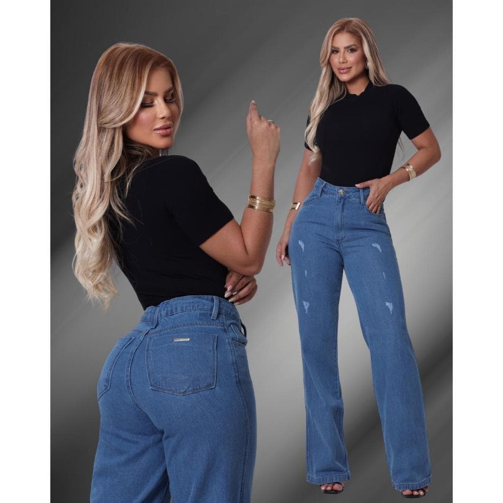 Calça Feminina Wide Leg Clara Cintura Alta Jeans Premium