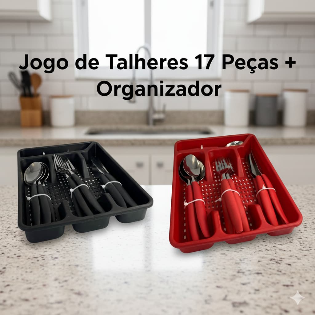 Kit Faqueiro Jogo de Talheres17 Peças com Porta Talher Organizador Suporte Preto / Vermelho