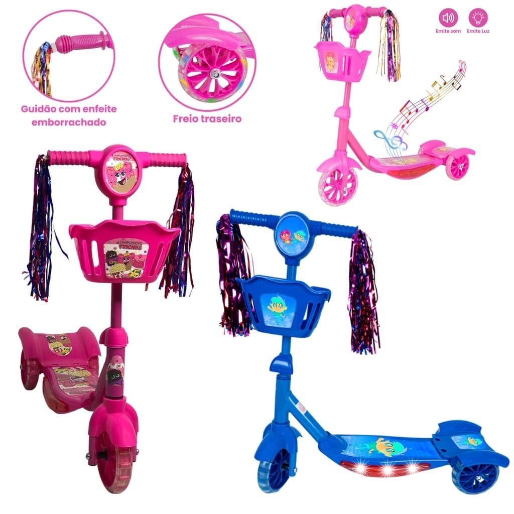 Patinete Infantil 3 Rodas Rosa Azul Som Luz Dobrável Presente de Natal Criança 3+