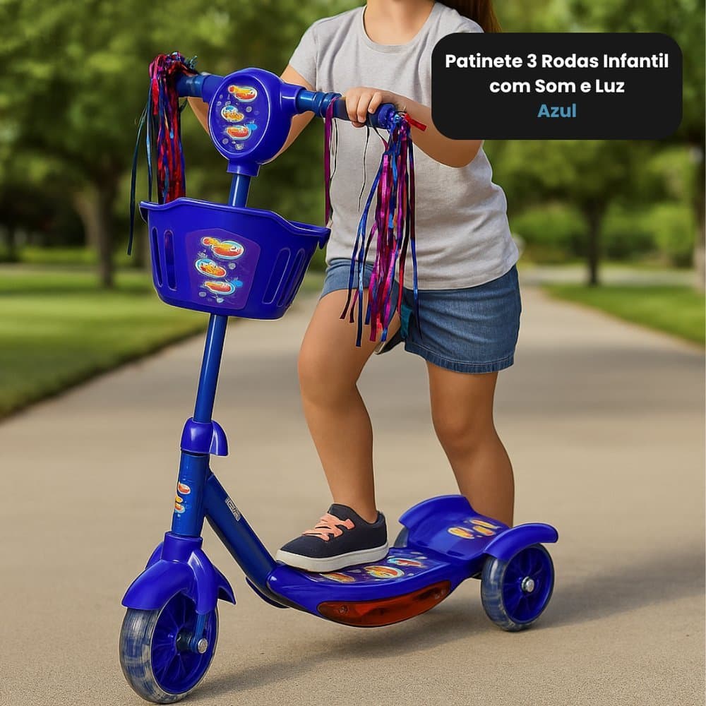 Patinete Infantil 3 Rodas Dobravel Azul Com Luz e Som Cestinha Freio Traseiro Musica Rodas Brilham