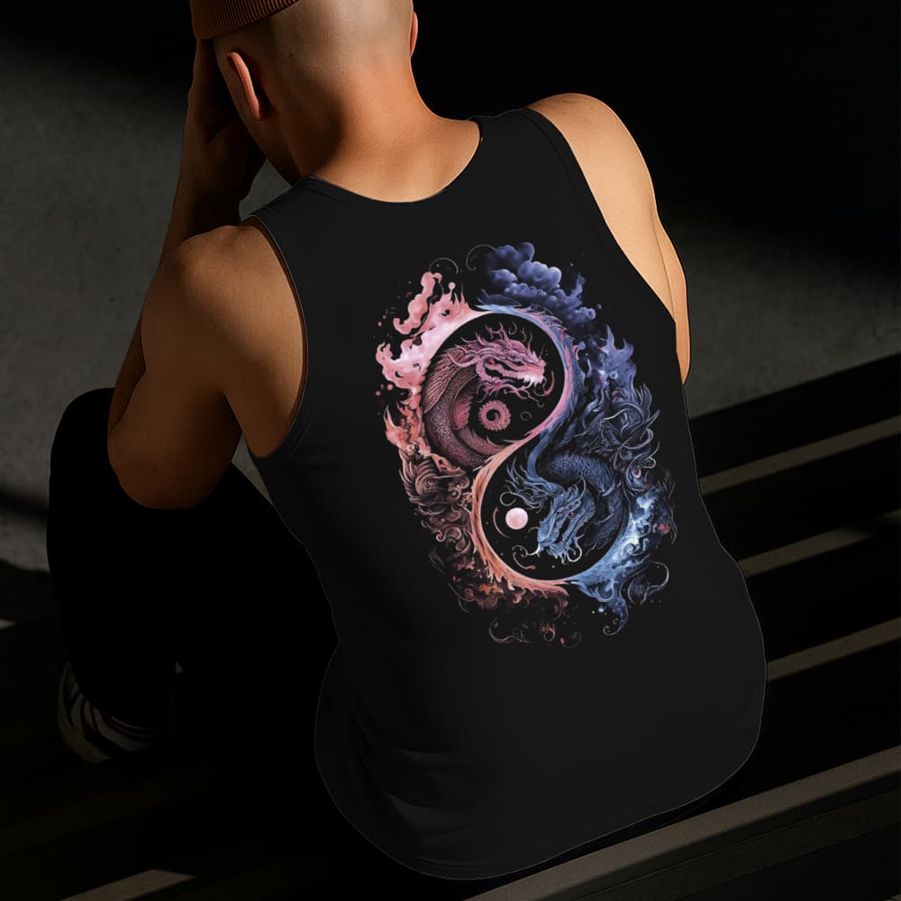 Camiseta Regata Masculina Estampada Ying Yang Dragões Algodão Estilo Conforto Diário Do Tamanho P GG
