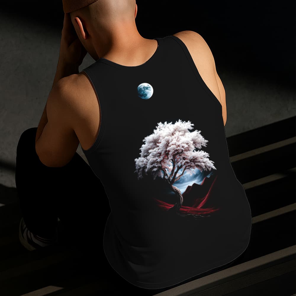 Camiseta Regata Masculina Estampada Árvore na Lua 100%Algodão Estilo Conforto Diário Do Tamanho P GG