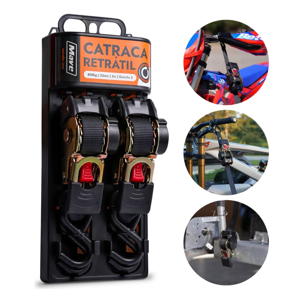 Par De Cinta Amarração Carga Catraca Automática Fita Retrátil 800 Kg 2 Fitas Cor Preto