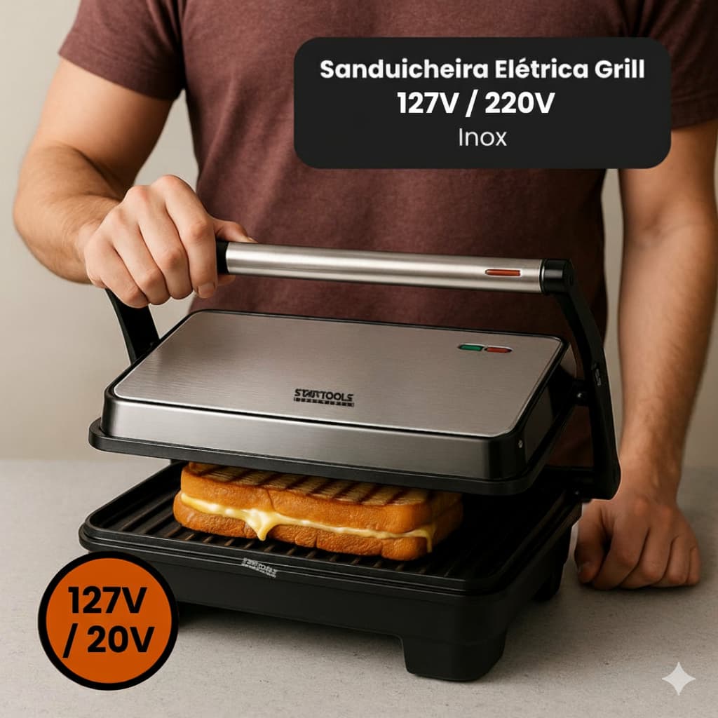 Sanduicheira Elétrica Prensa Grill de Mesa 1000W  127V/220V Inox