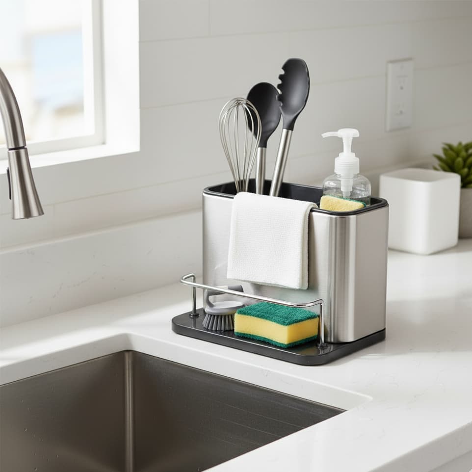 Organizador De Pia Inox Com Suporte Esponja Sabão Detergente - Porta Escova Cozinha Moderno