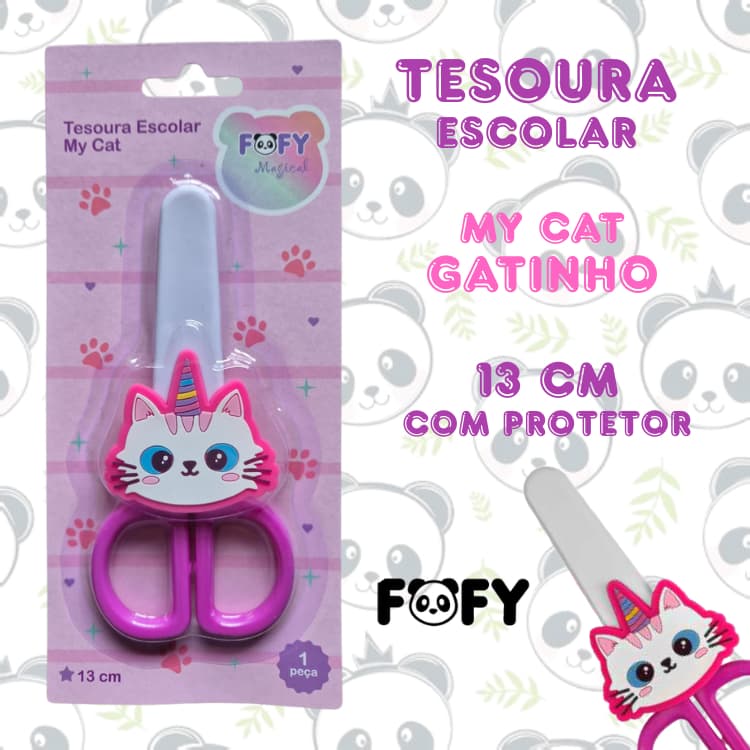 Tesoura Escolar 13 cm com Protetor My Cat Gatinho | Fofy Magical