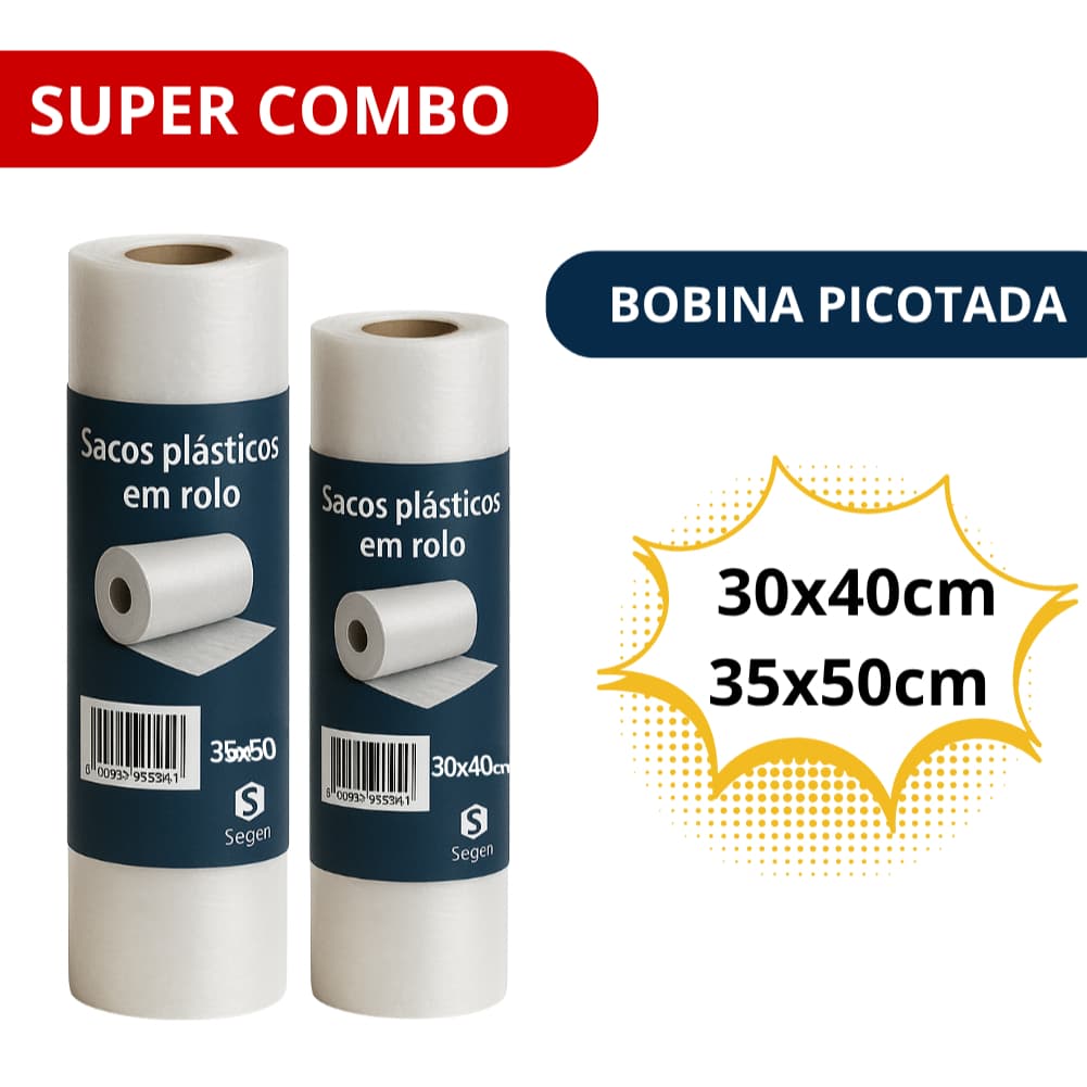 COMBO Rolo plástico Bobina Picotada Saco Transparente Super mercado 30X40 E 35X50 C/ 100 SACOS CADA