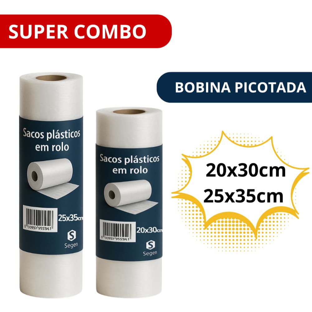 COMBO Rolo plástico Bobina Picotada Saco Transparente Super mercado 20X30 E 25X35 C/ 100 SACOS CADA