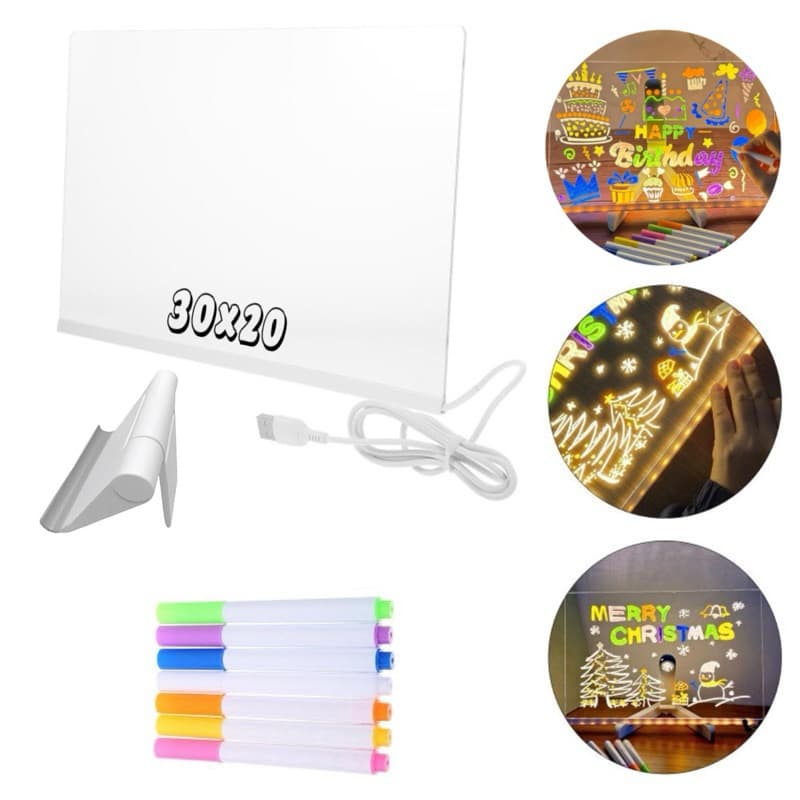 Lousa Mágica Led Criativa Decoração Luminosa 7 Canetinhas Quadro 20x30cm