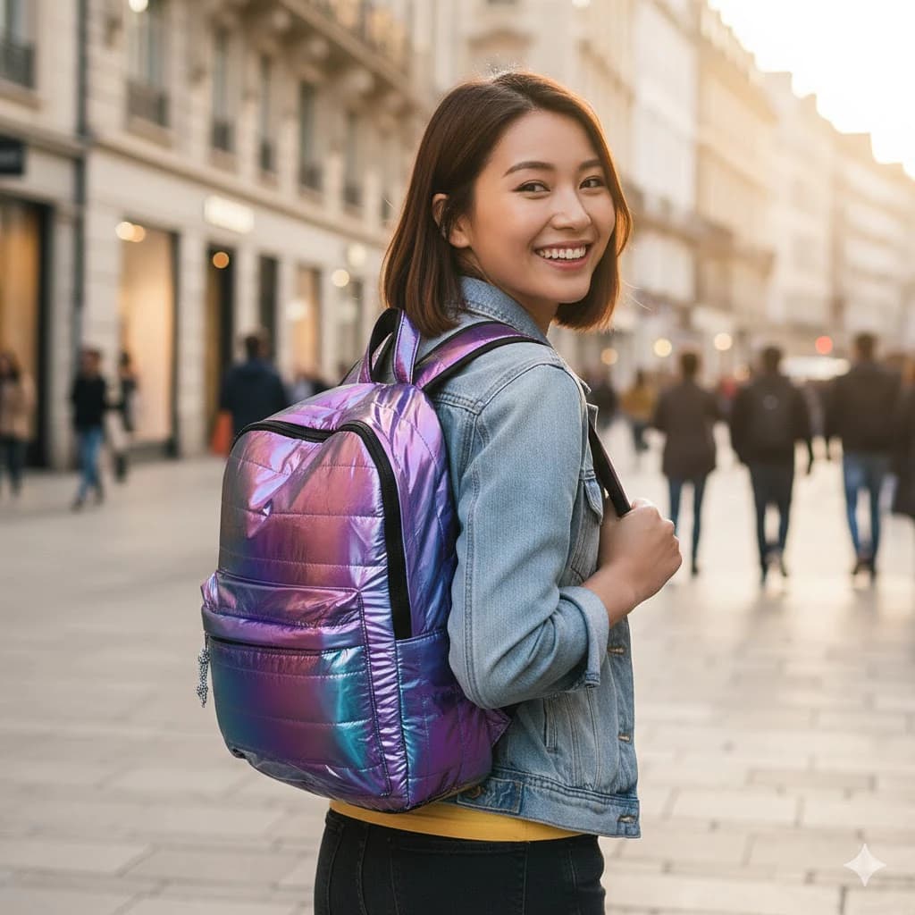 Mochila Holografica Metalizada Sortida Escolar Casual Feminina Resistente Moderna Brilho