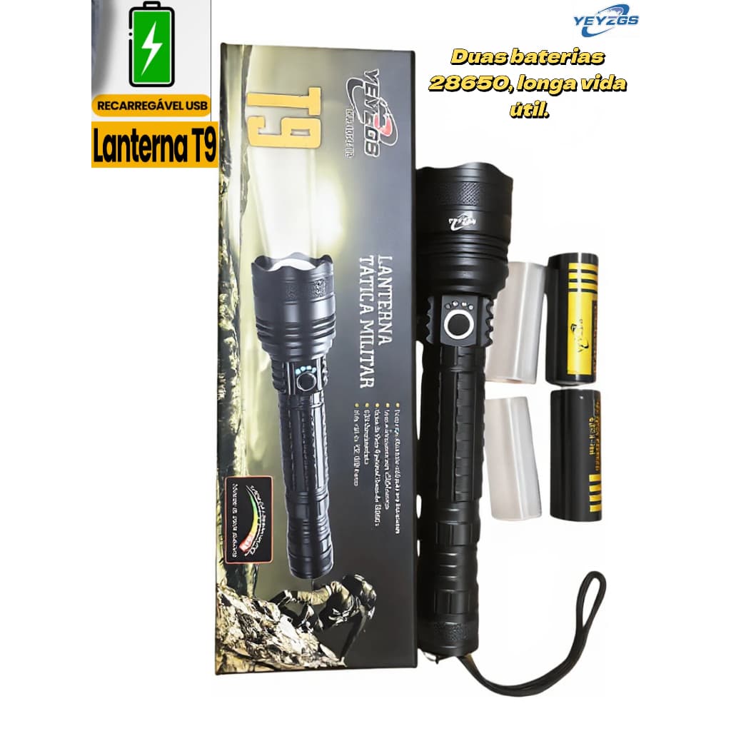 Lanterna Tática Led Super Potente P90 Mais Forte Do Mercado Recarregável Zoom Bateria T9