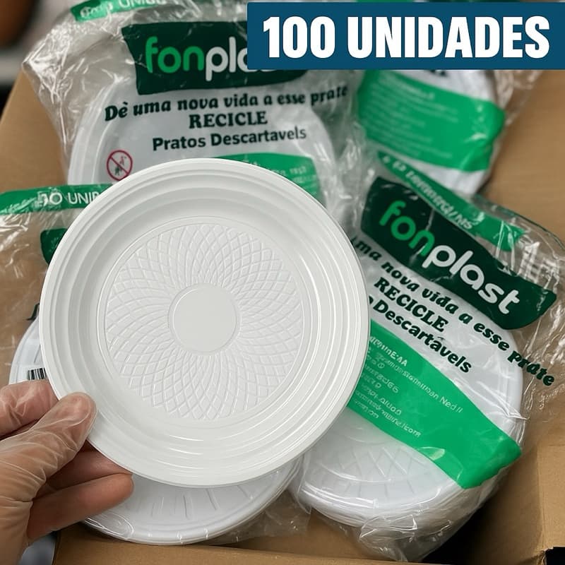 Prato Descartável Branco Fonplast 18cm ou 21cm Refeição Sobremesa Festa Kit 100 Unidades
