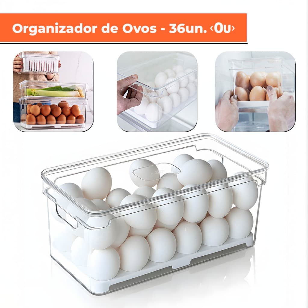 Pote Organizador de Ovos Clear Fresh 36 Un Porta Ovos com Tampa e Alças Laterais
